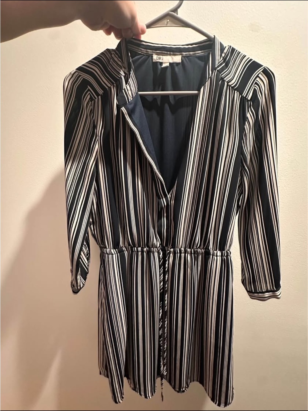 Navy and White Vertical Stripe V-Neck Drawstring Dress